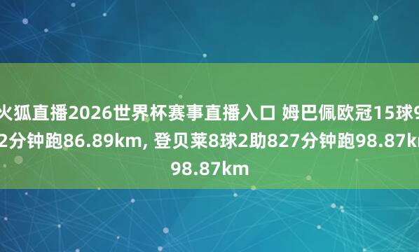 火狐直播2026世界杯赛事直播入口 姆巴佩欧冠15球912分钟跑86.89km, 登贝莱8球2助827分钟跑98.87km