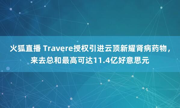 火狐直播 Travere授权引进云顶新耀肾病药物，来去总和最高可达11.4亿好意思元